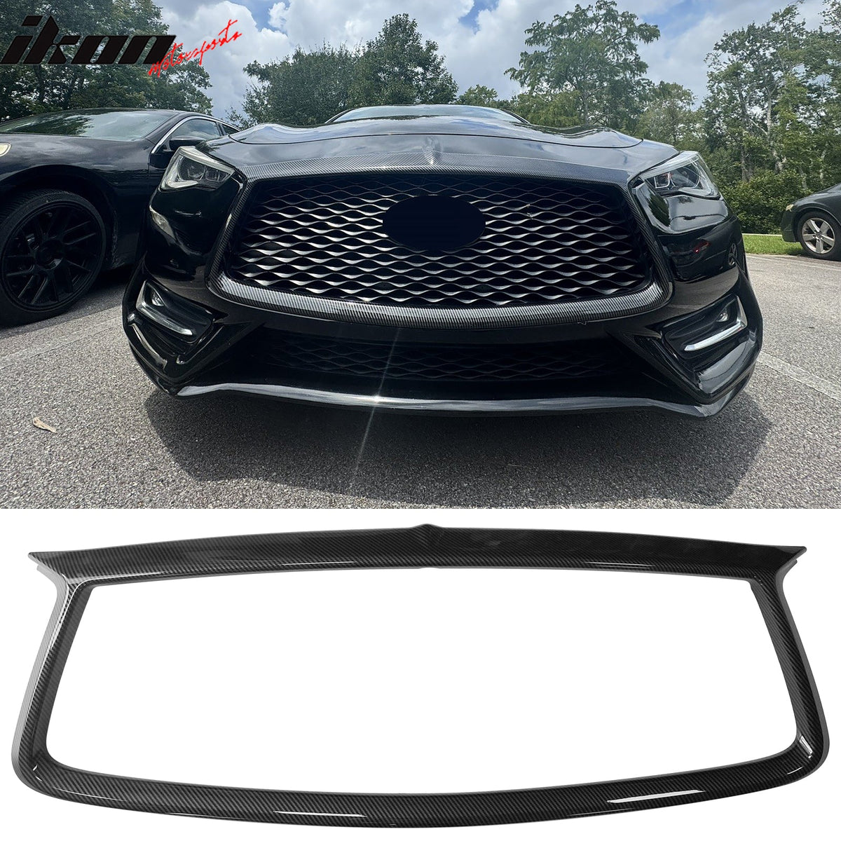 2017-2022 Infiniti Q60 OE Style Front Bumper Upper Grille Frame Trim Replacement Carbon Fiber Print ABS