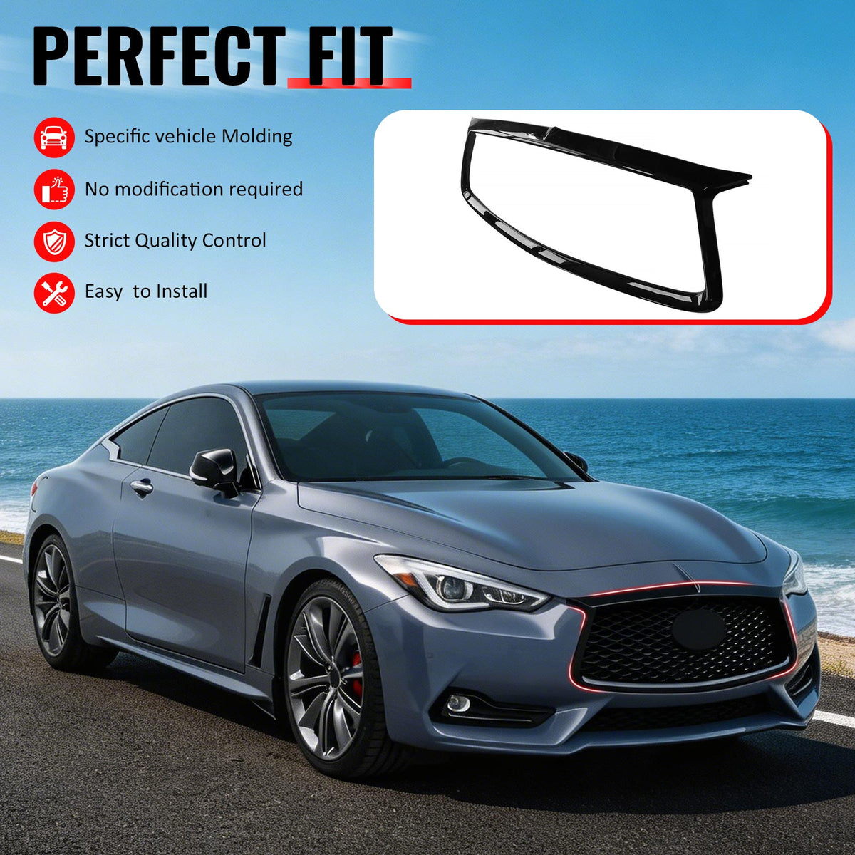 2017-2022 Infiniti Q60 OE Style Front Bumper Upper Grille Frame Trim Replacement Gloss Black ABS