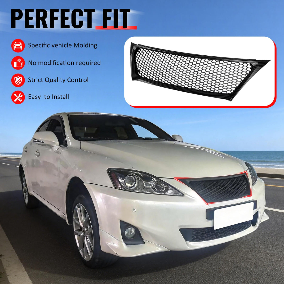 2011-2013 Lexus IS250 IS350 Sedan Honeycomb Style Front Bumper Upper Grille Replacement Carbon Fiber Print ABS