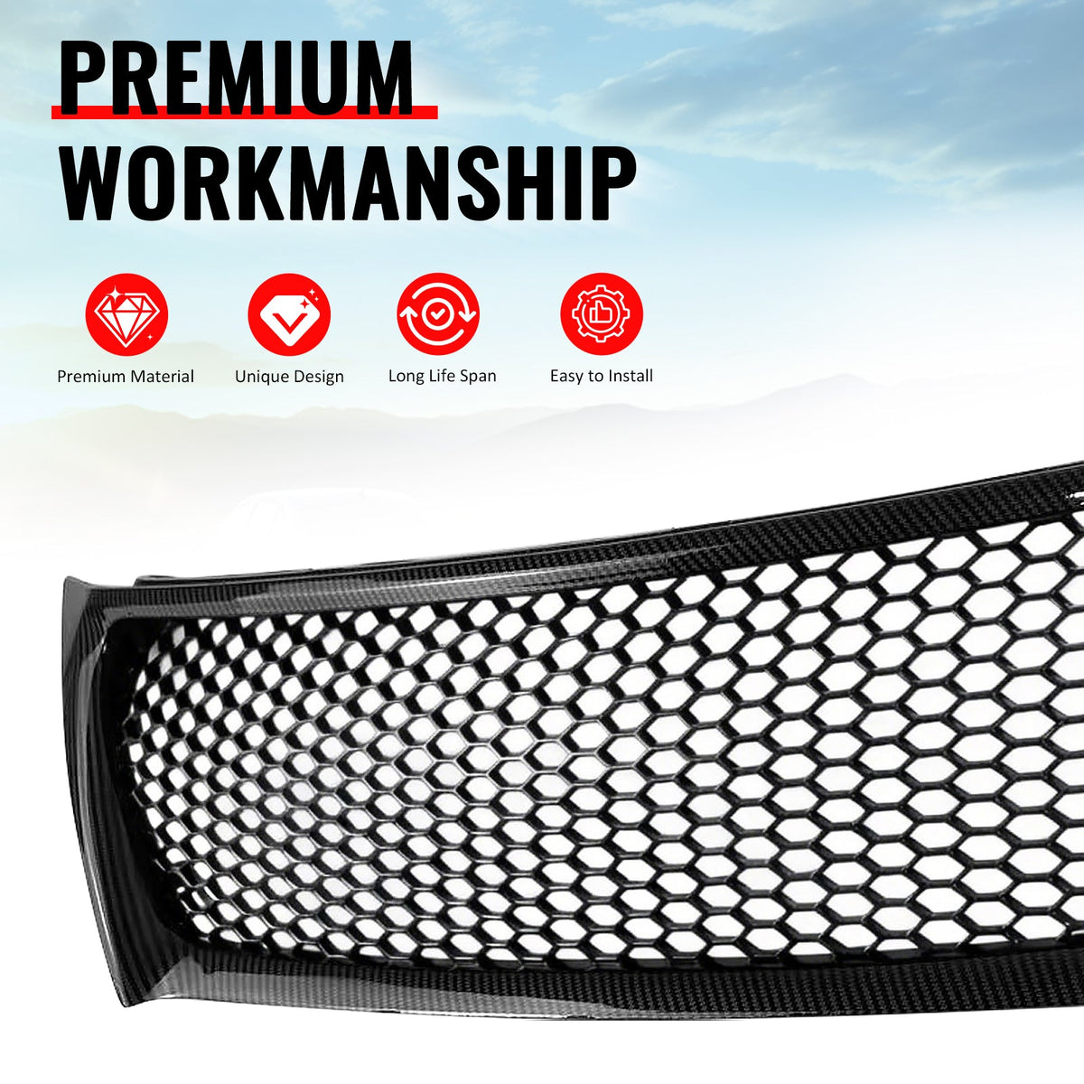 2011-2013 Lexus IS250 IS350 Sedan Honeycomb Style Front Bumper Upper Grille Replacement Carbon Fiber Print ABS