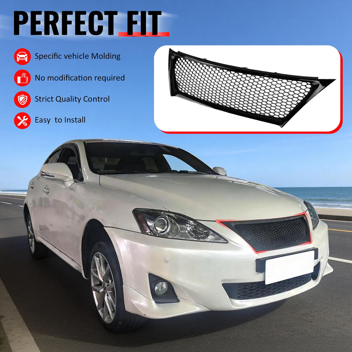 2011-2013 Lexus IS 250 IS350 Sedan Honeycomb Style Front Bumper Upper Grille Replacement Gloss Black ABS