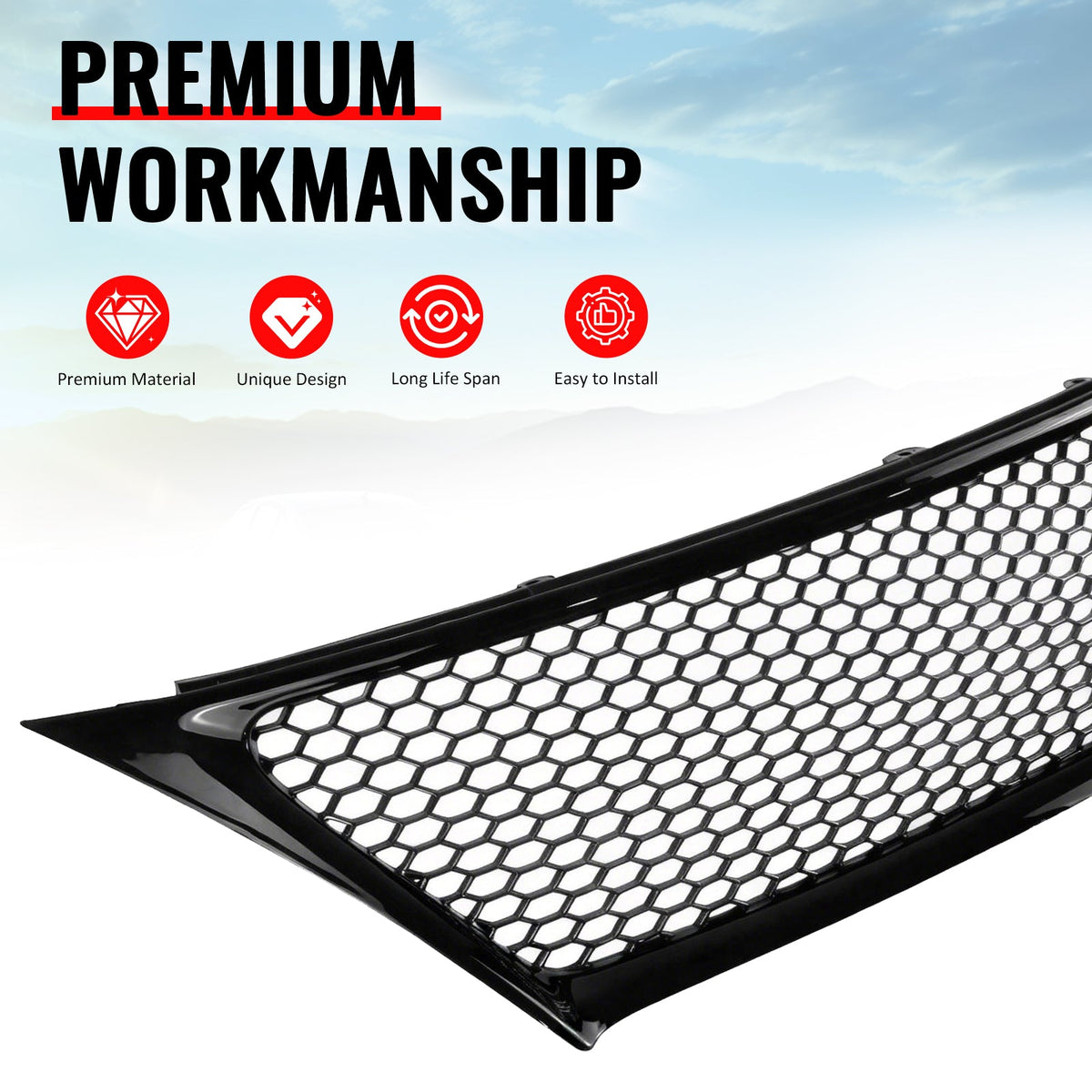 2011-2013 Lexus IS 250 IS350 Sedan Honeycomb Style Front Bumper Upper Grille Replacement Gloss Black ABS