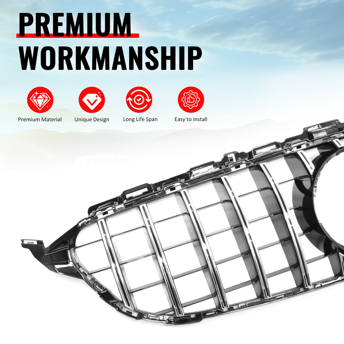 2015-2018 Mercedes-Benz W205 C-Class C63 AMG/C63 AMG S GTR Style Silver Replacement Front Bumper Hood Grille