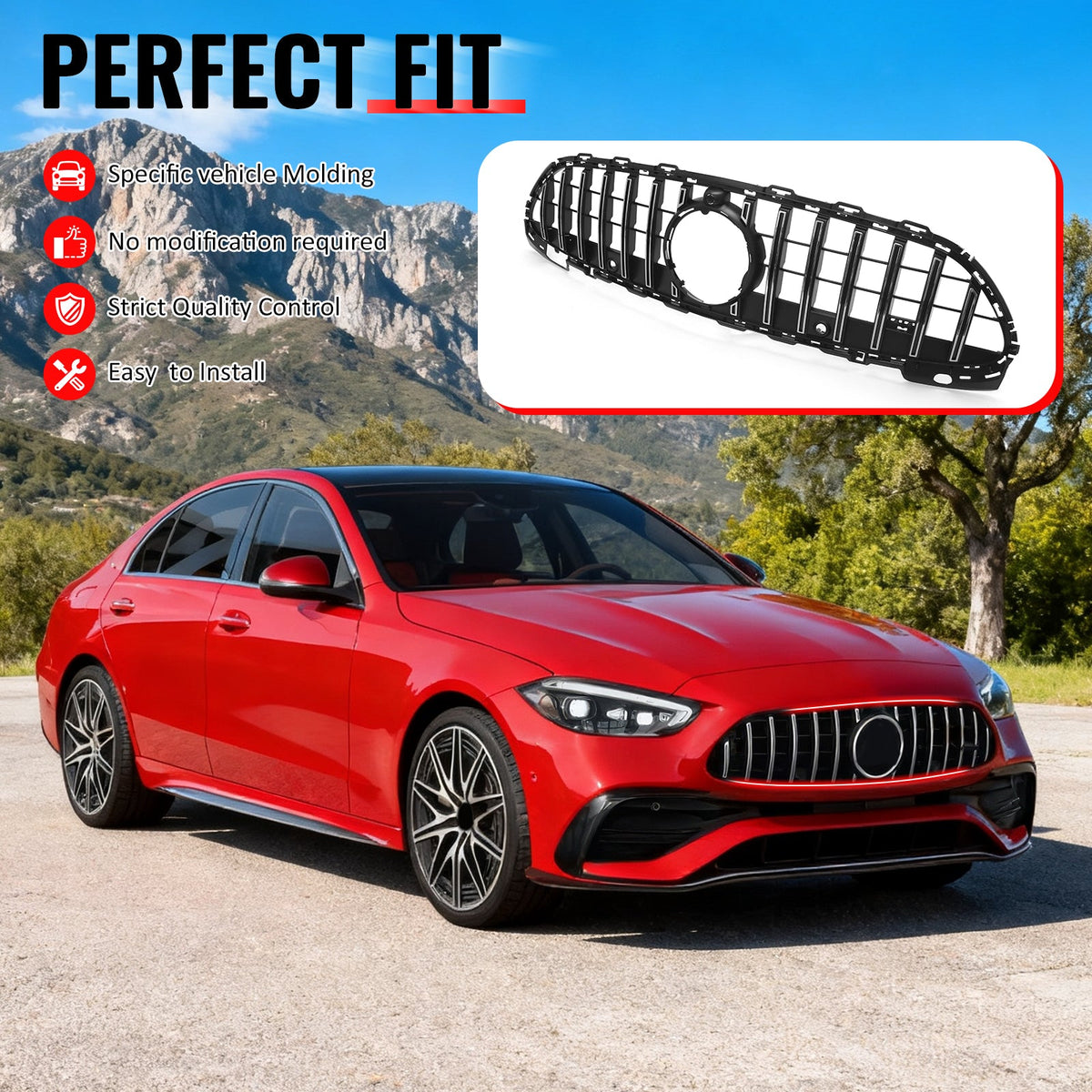 2022-2026 Benz C300 C43 AMG Sedan W206 GT Style Unpainted Black + Chrome Grille ABS