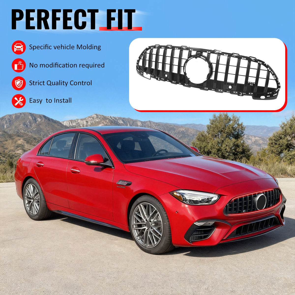 2022-2026 Benz C300 C43 AMG Sedan W206 GT Style Gloss Black Grille ABS