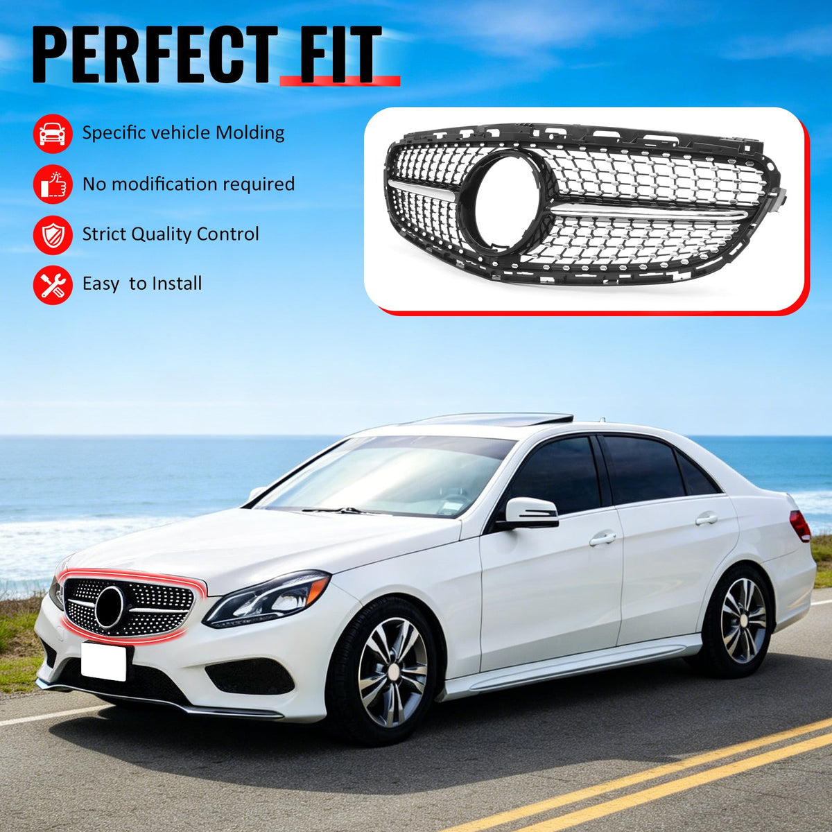 2014-2016 Benz W212 E250 E350 E400 E550 S212 Diamond Style Gloss Black Chrome Grille ABS