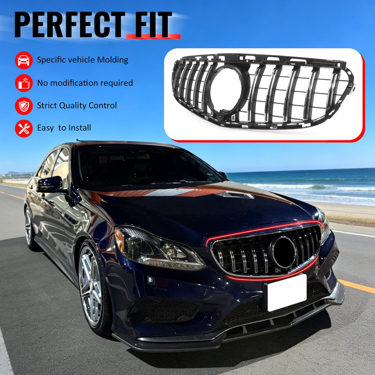 2014-2016 Benz W212 E250 E350 E400 E550 S212 GT Style Unpainted Black Chrome Grille ABS