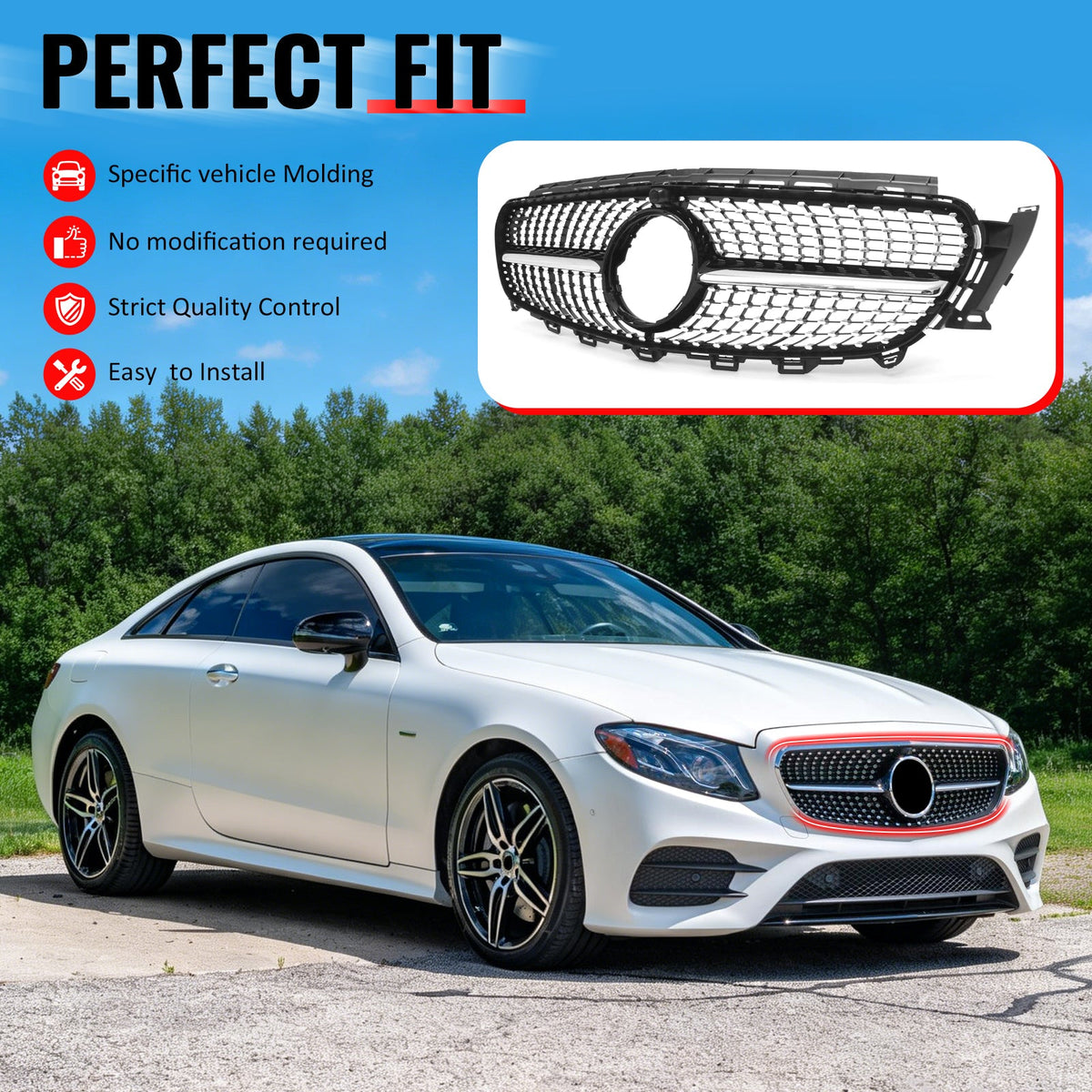 2017-2020 Benz W213 E300 E350 E400 E450 Diamond Style Gloss Black Chrome Grille ABS