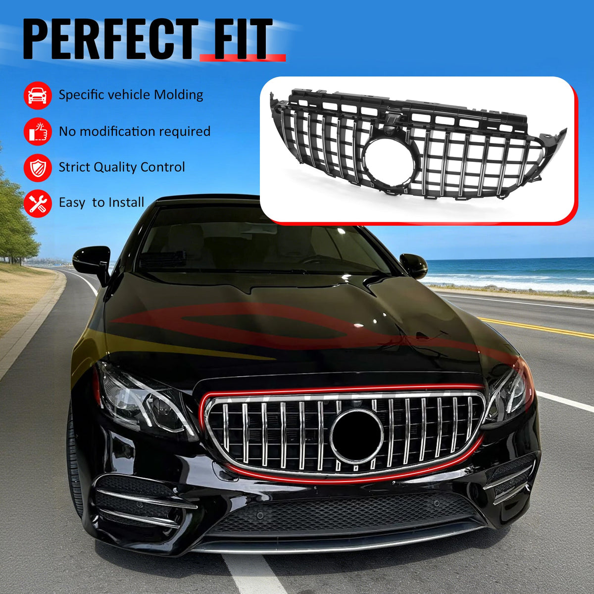 2017-2020 Benz W213 E300 E350 E400 E450 E43 GT Style Unpainted Black + Chrome Grille ABS