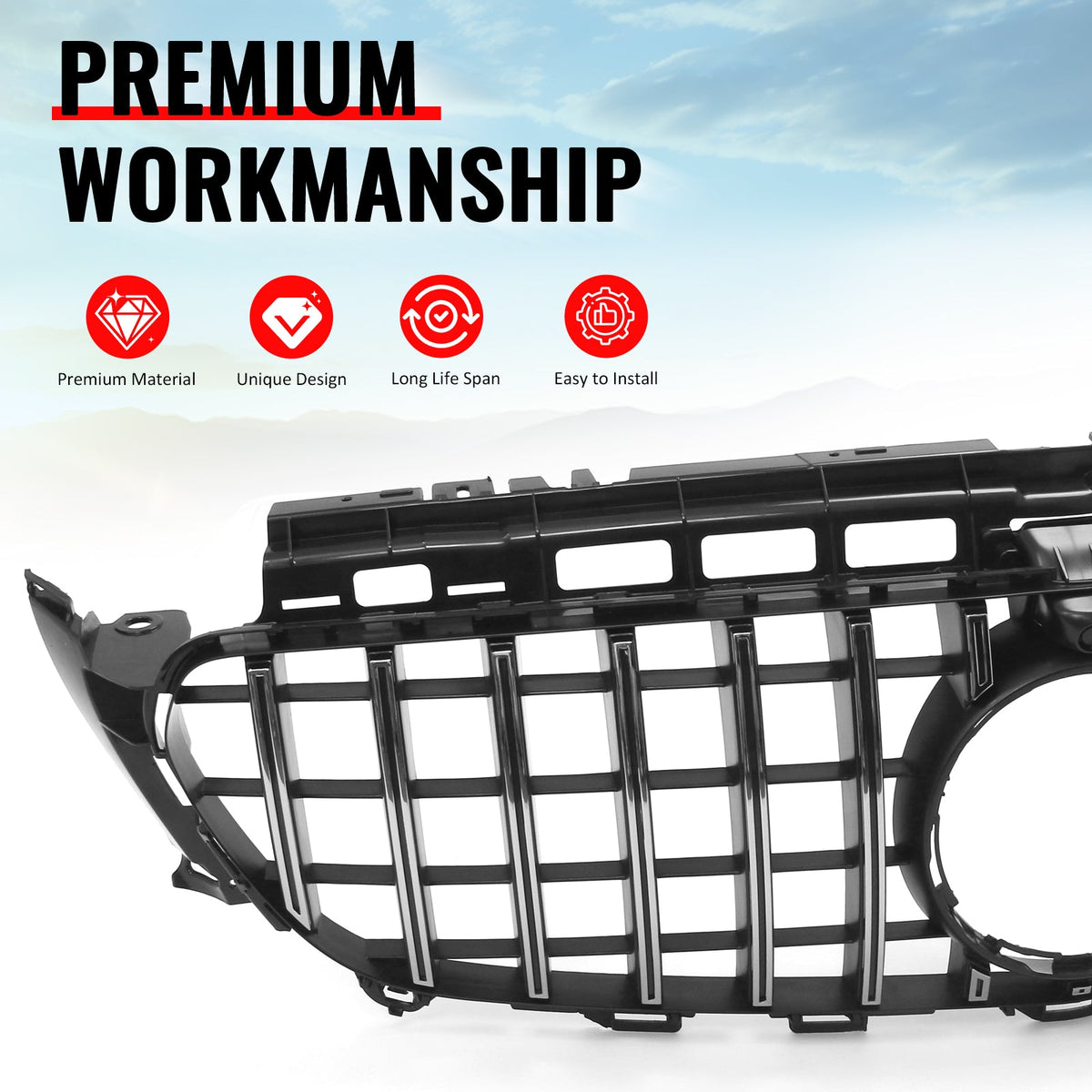 2017-2020 Benz W213 E300 E350 E400 E450 E43 GT Style Unpainted Black + Chrome Grille ABS