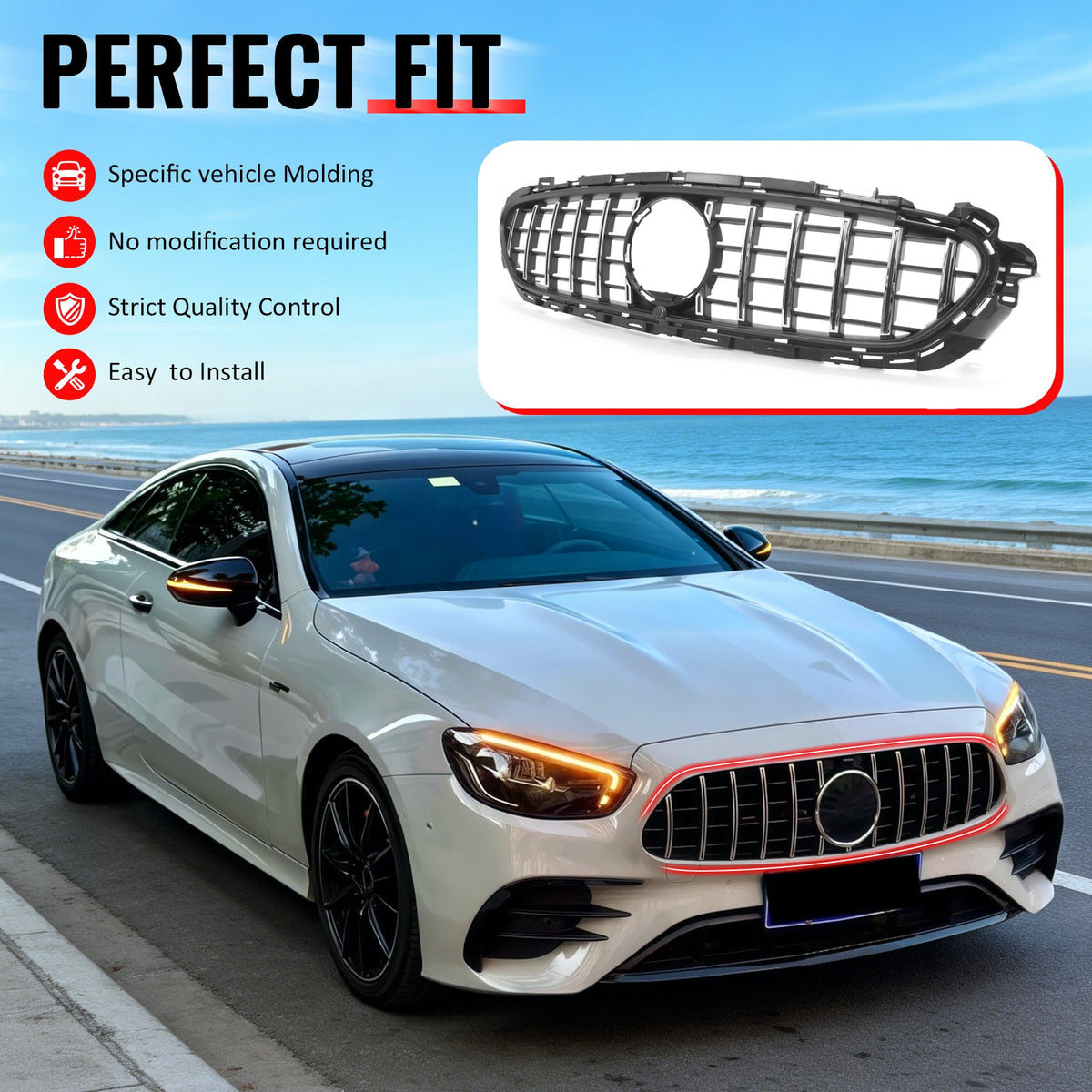 2021-2023 Benz E-Class W213 E350 E450 GT Style Unpainted Black + Chrome Grille ABS