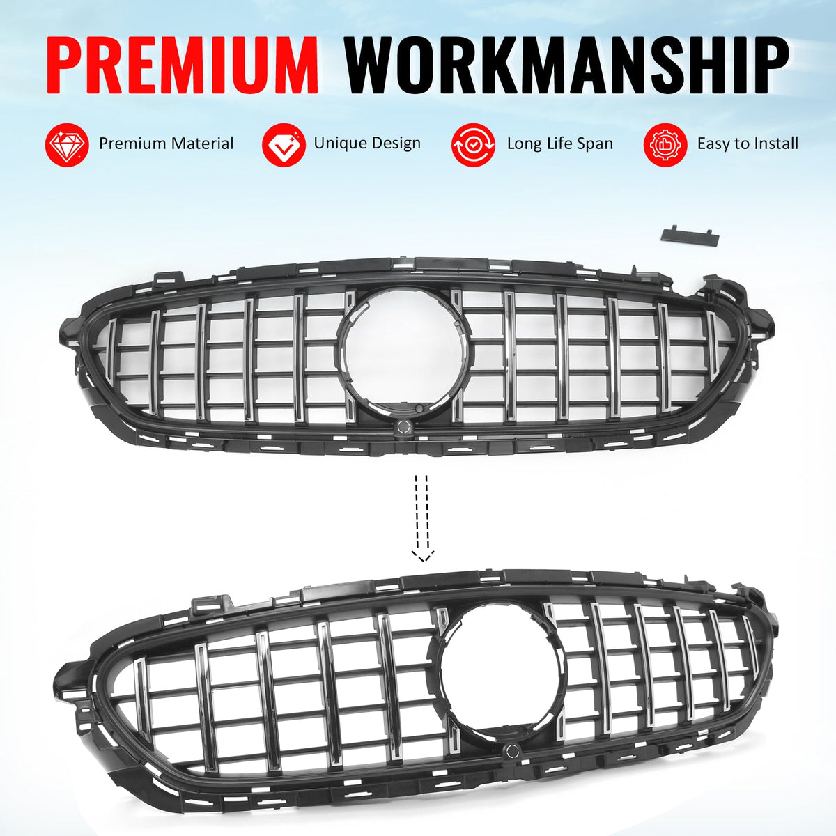 2021-2023 Benz E-Class W213 E350 E450 GT Style Unpainted Black + Chrome Grille ABS