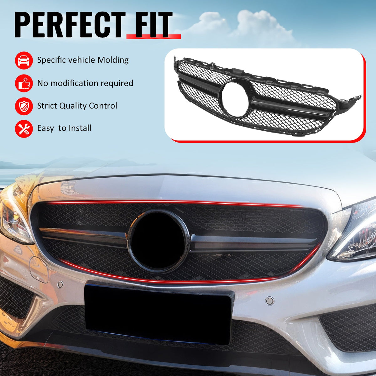 2015-2018 Benz C300 C350e C400 C450 AMG W205 C63 Style Primer + Gloss Black Grille ABS