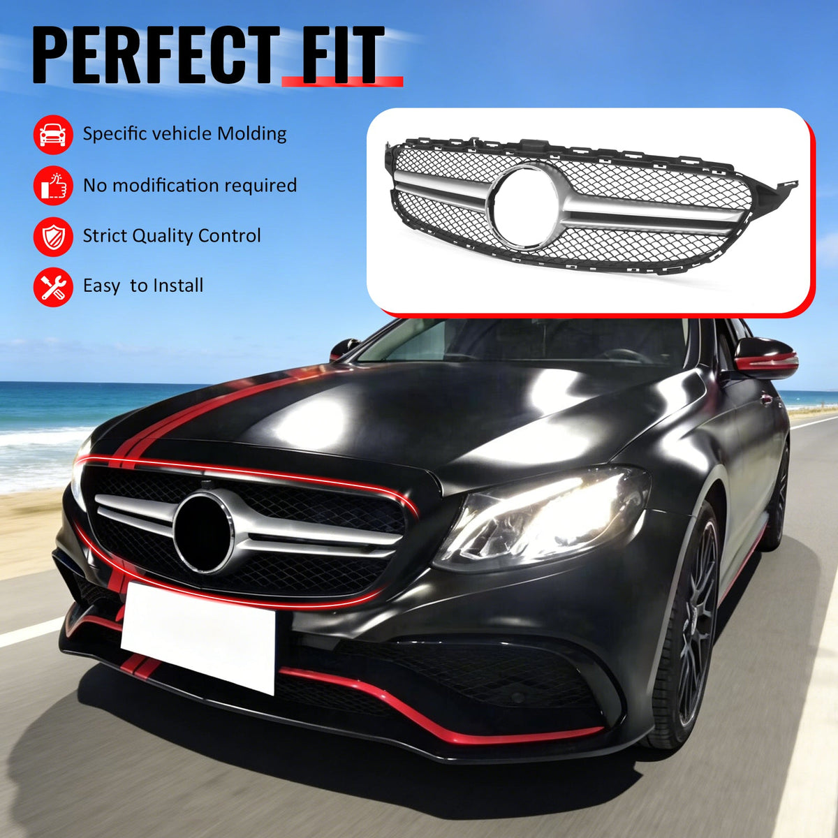 2015-2018 Benz C300 C350e C400 C450 AMG W205 C63 Style Primer Black + Silver Grille ABS
