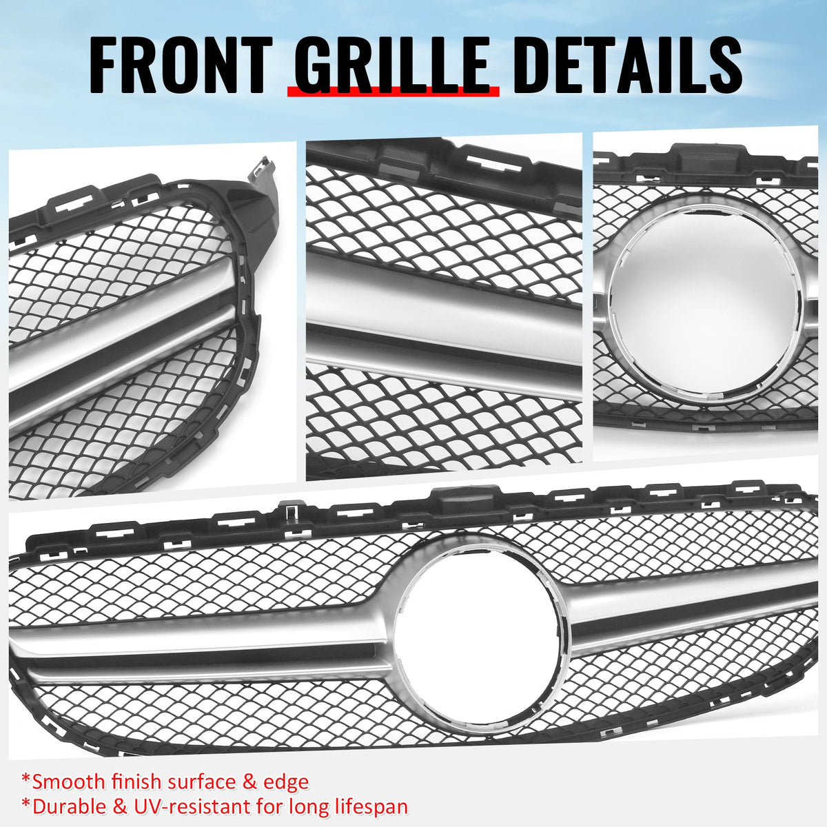 2015-2018 Benz C300 C350e C400 C450 AMG W205 C63 Style Primer Black + Silver Grille ABS