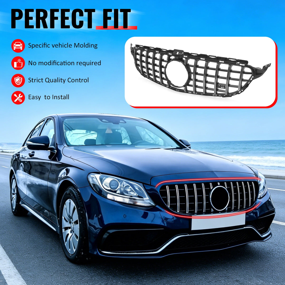 2015-2018 Benz W205 C300 C350e C400 C450 AMG GT Style Unpainted + Chrome Grille ABS