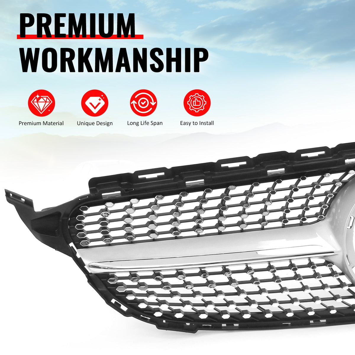 2019-2021 Benz W205 C300 C43 AMG Sedan Diamond Style Unpainted + Chrome Grille ABS