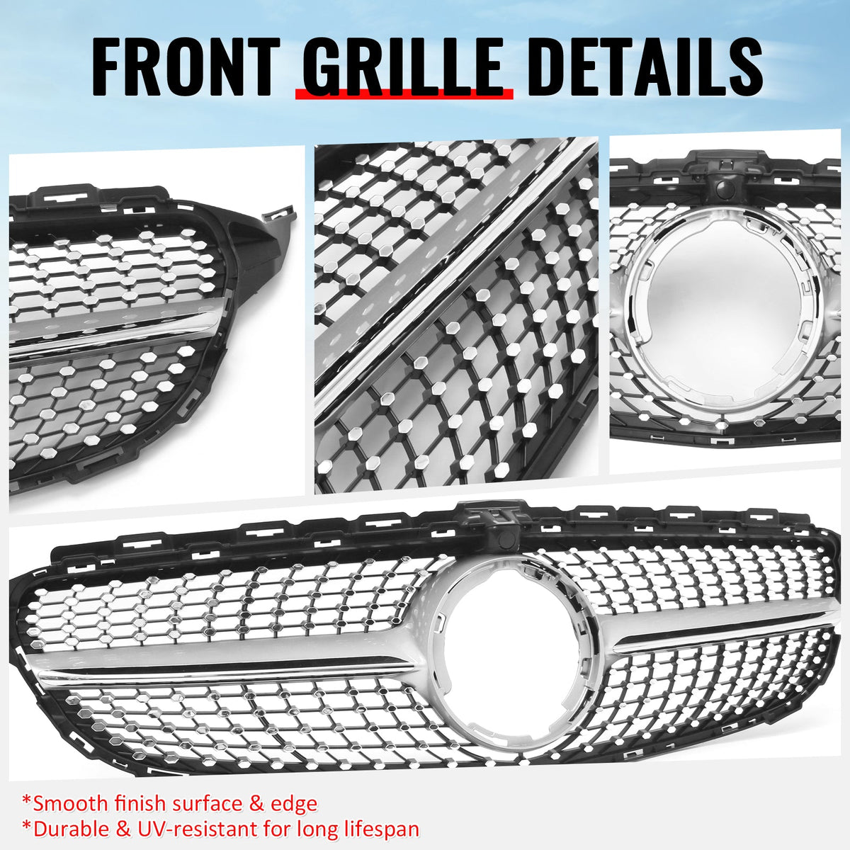 2019-2021 Benz W205 C300 C43 AMG Sedan Diamond Style Unpainted + Chrome Grille ABS