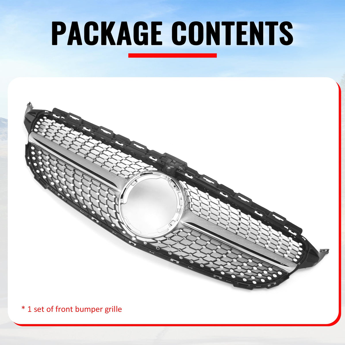 2019-2021 Benz W205 C300 C43 AMG Sedan Diamond Style Unpainted + Chrome Grille ABS