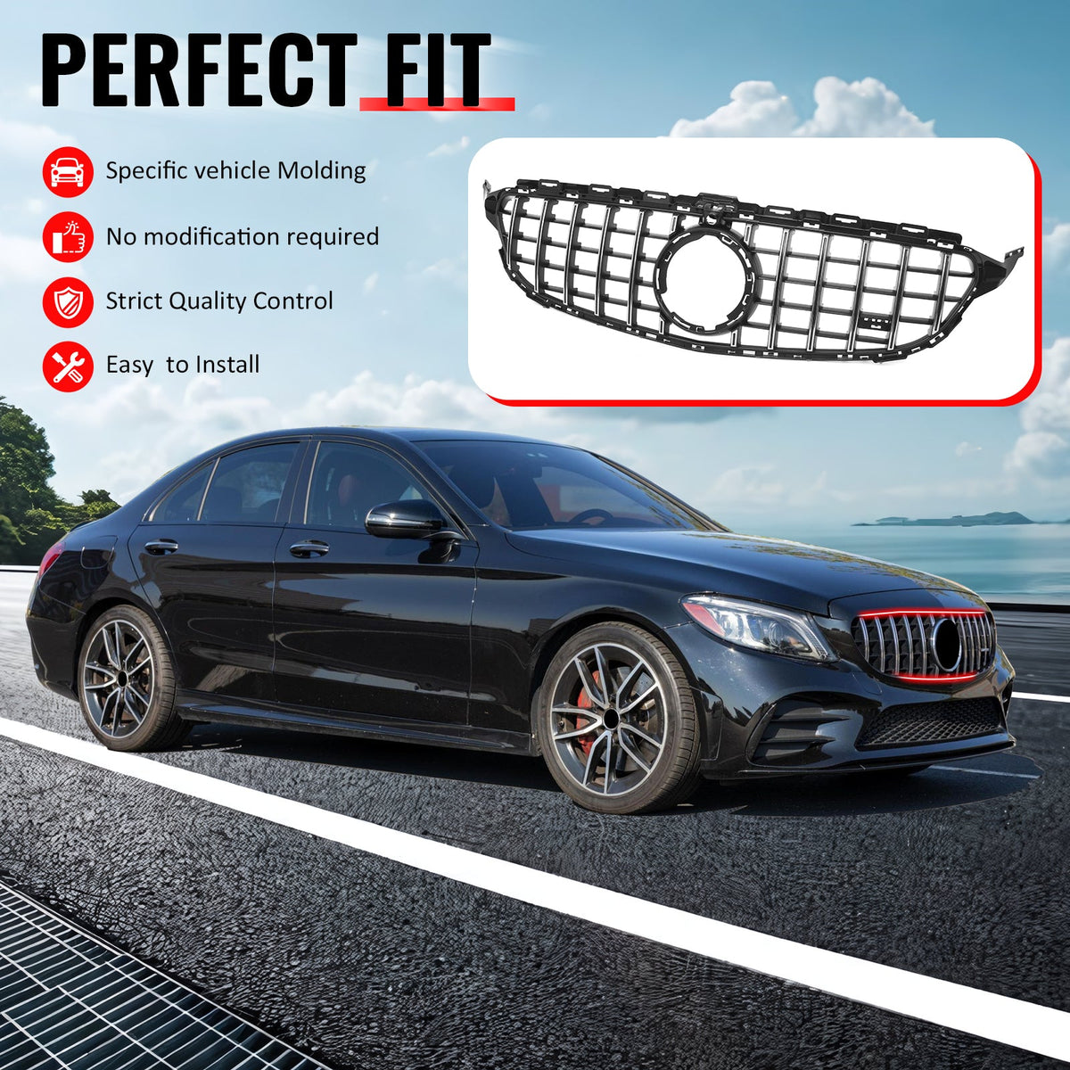 2019-2021 Benz W205 C300 C43 AMG Sedan GT Style Unpainted Black + Chrome Grille ABS