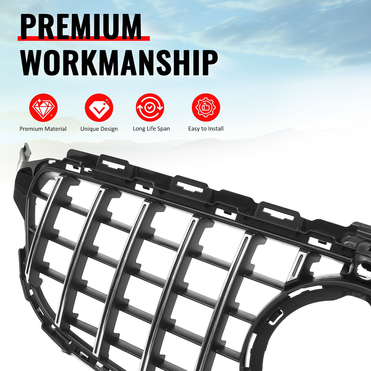 2019-2021 Benz W205 C300 C43 AMG Sedan GT Style Unpainted Black + Chrome Grille ABS