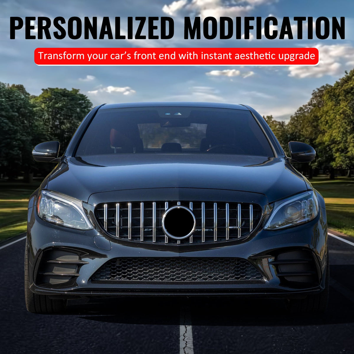 2019-2021 Benz W205 C300 C43 AMG Sedan GT Style Unpainted Black + Chrome Grille ABS