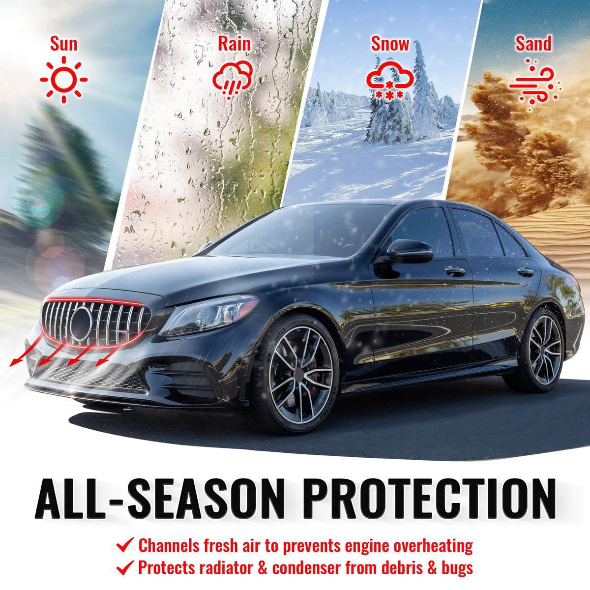 2019-2021 Benz W205 C300 C43 AMG Sedan GT Style Unpainted Black + Chrome Grille ABS