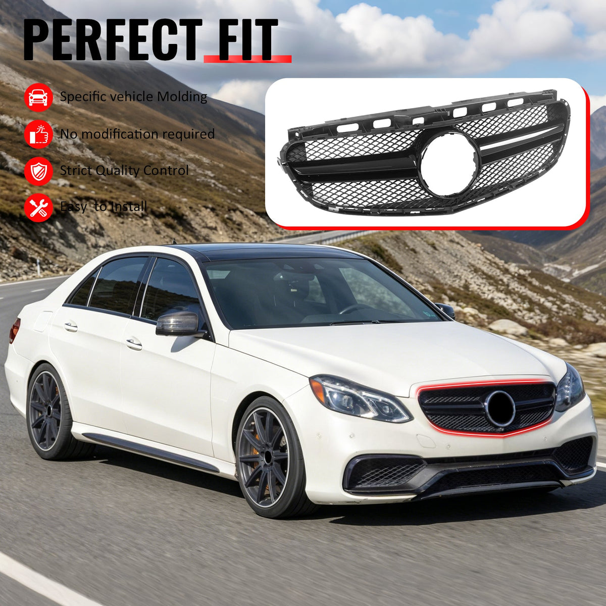 2014-2016 Mercedes-Benz E-Class W212 Sedan & S212 Wagon Front Bumper Hood Upper Mesh Grille Replacement W/Gloss Black Bar E63 Style ABS