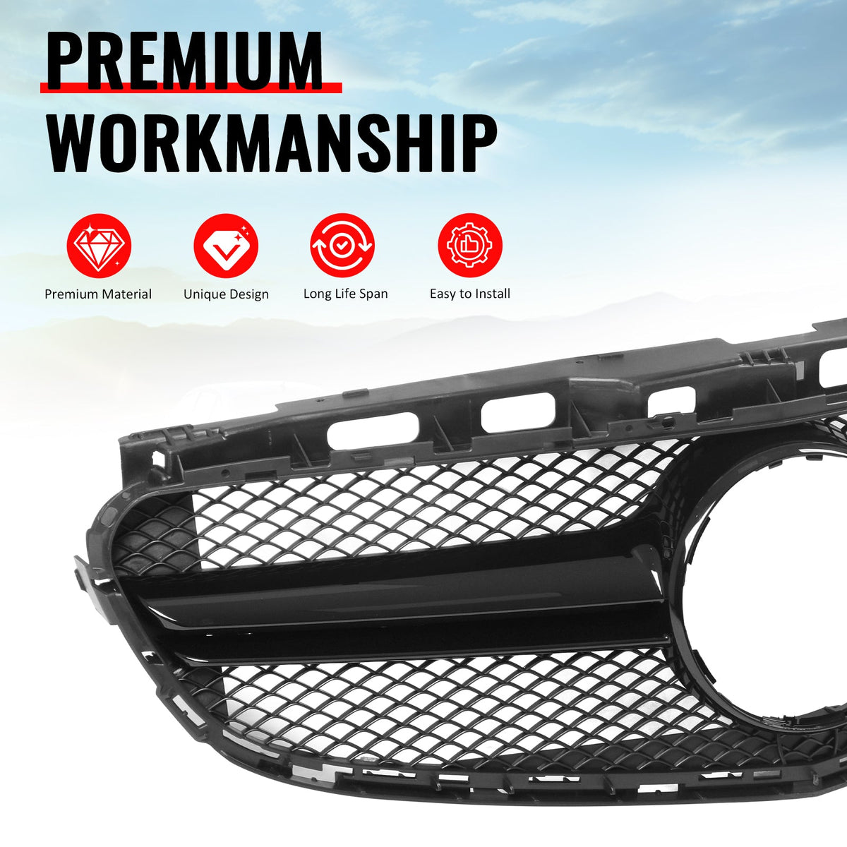 2014-2016 Mercedes-Benz E-Class W212 Sedan & S212 Wagon Front Bumper Hood Upper Mesh Grille Replacement W/Gloss Black Bar E63 Style ABS