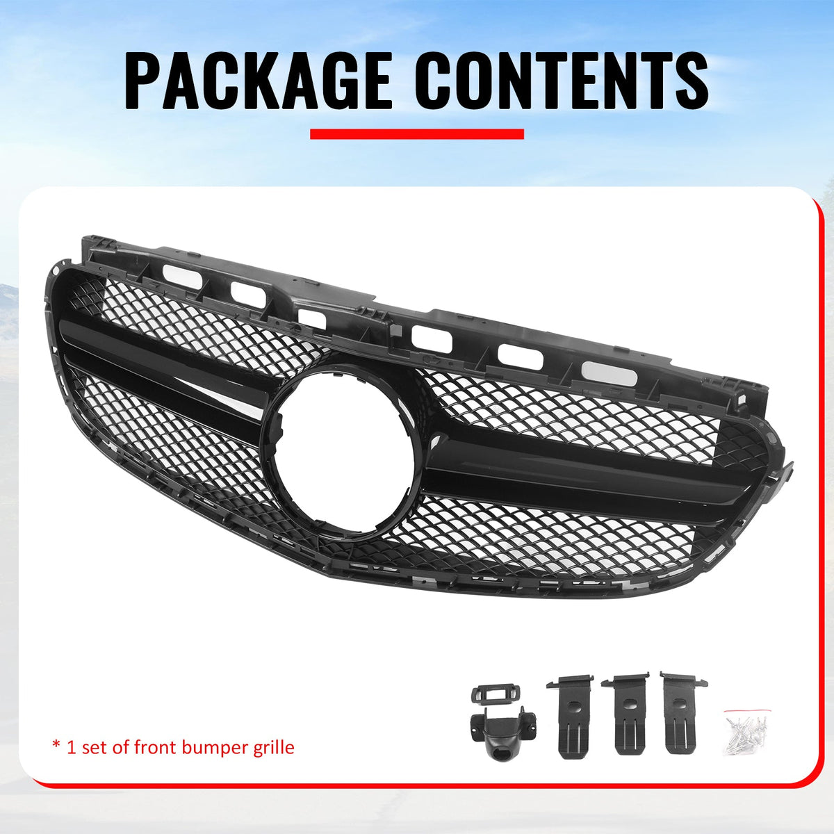 2014-2016 Mercedes-Benz E-Class W212 Sedan & S212 Wagon Front Bumper Hood Upper Mesh Grille Replacement W/Gloss Black Bar E63 Style ABS