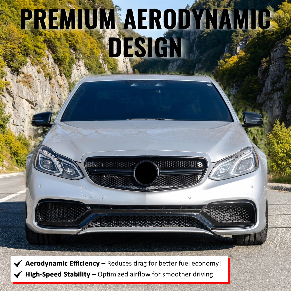 2014-2016 Mercedes-Benz E-Class W212 Sedan & S212 Wagon Front Bumper Hood Upper Mesh Grille Replacement W/Gloss Black Bar E63 Style ABS