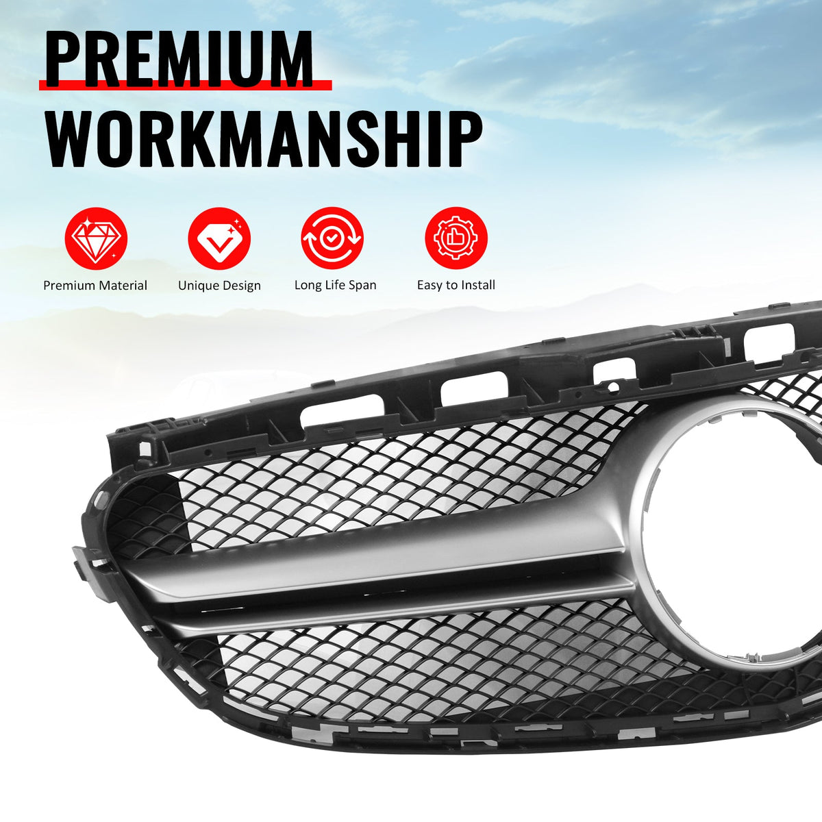 2014-2016 Mercedes-Benz E-Class W212 Sedan & S212 Wagon Front Bumper Hood Upper Mesh Grille Replacement W/Silver Bar E63 Style ABS
