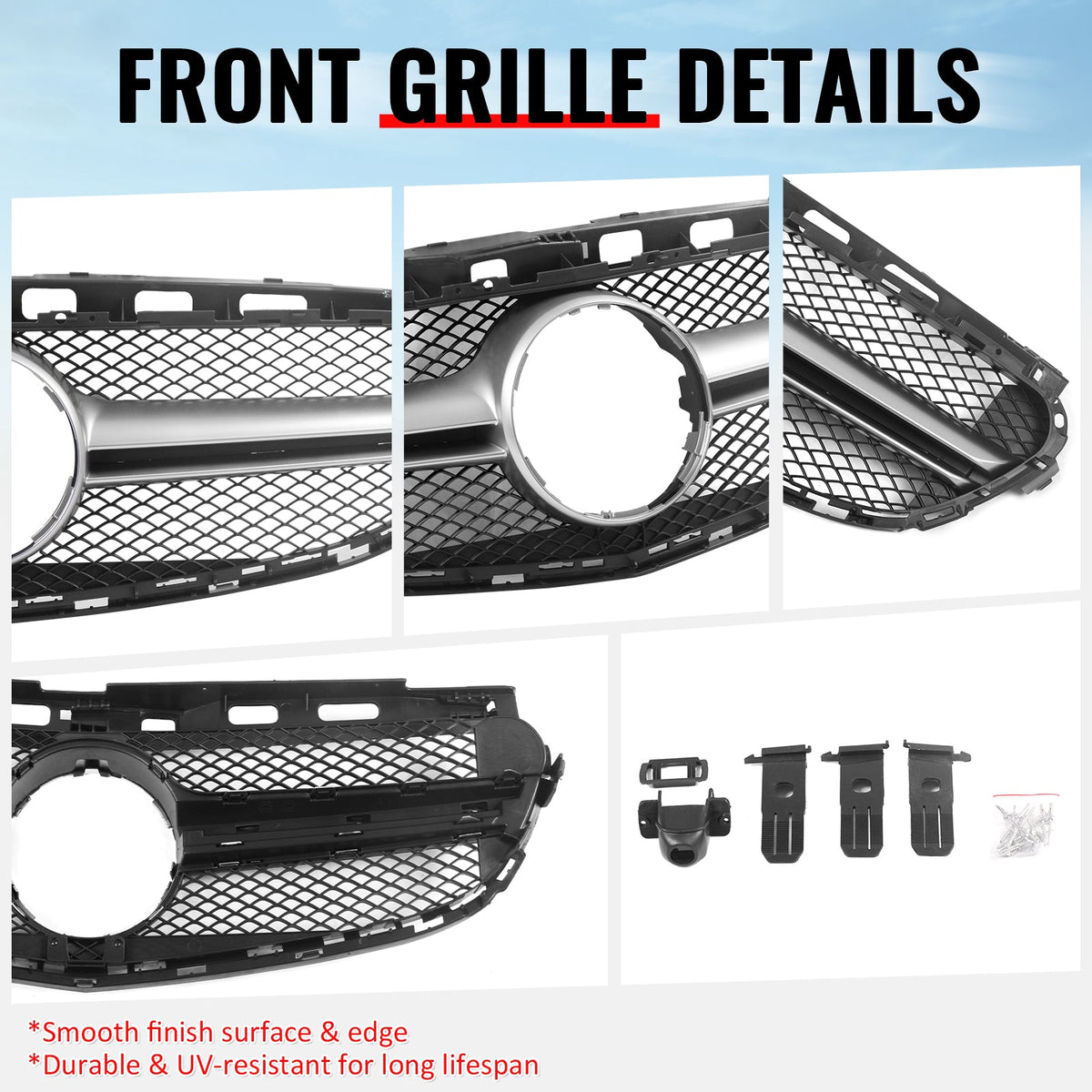 2014-2016 Mercedes-Benz E-Class W212 Sedan & S212 Wagon Front Bumper Hood Upper Mesh Grille Replacement W/Silver Bar E63 Style ABS
