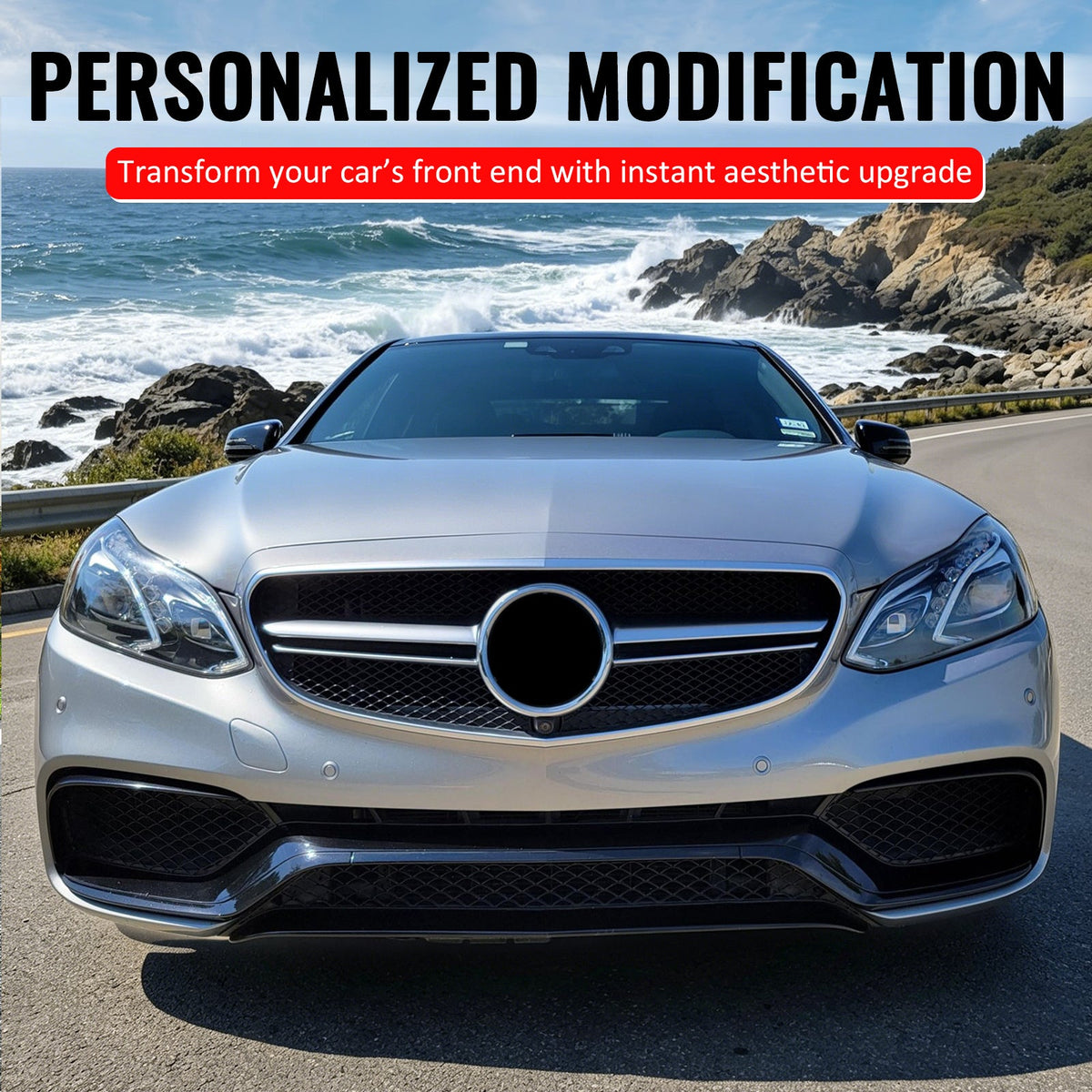 2014-2016 Mercedes-Benz E-Class W212 Sedan & S212 Wagon Front Bumper Hood Upper Mesh Grille Replacement W/Silver Bar E63 Style ABS