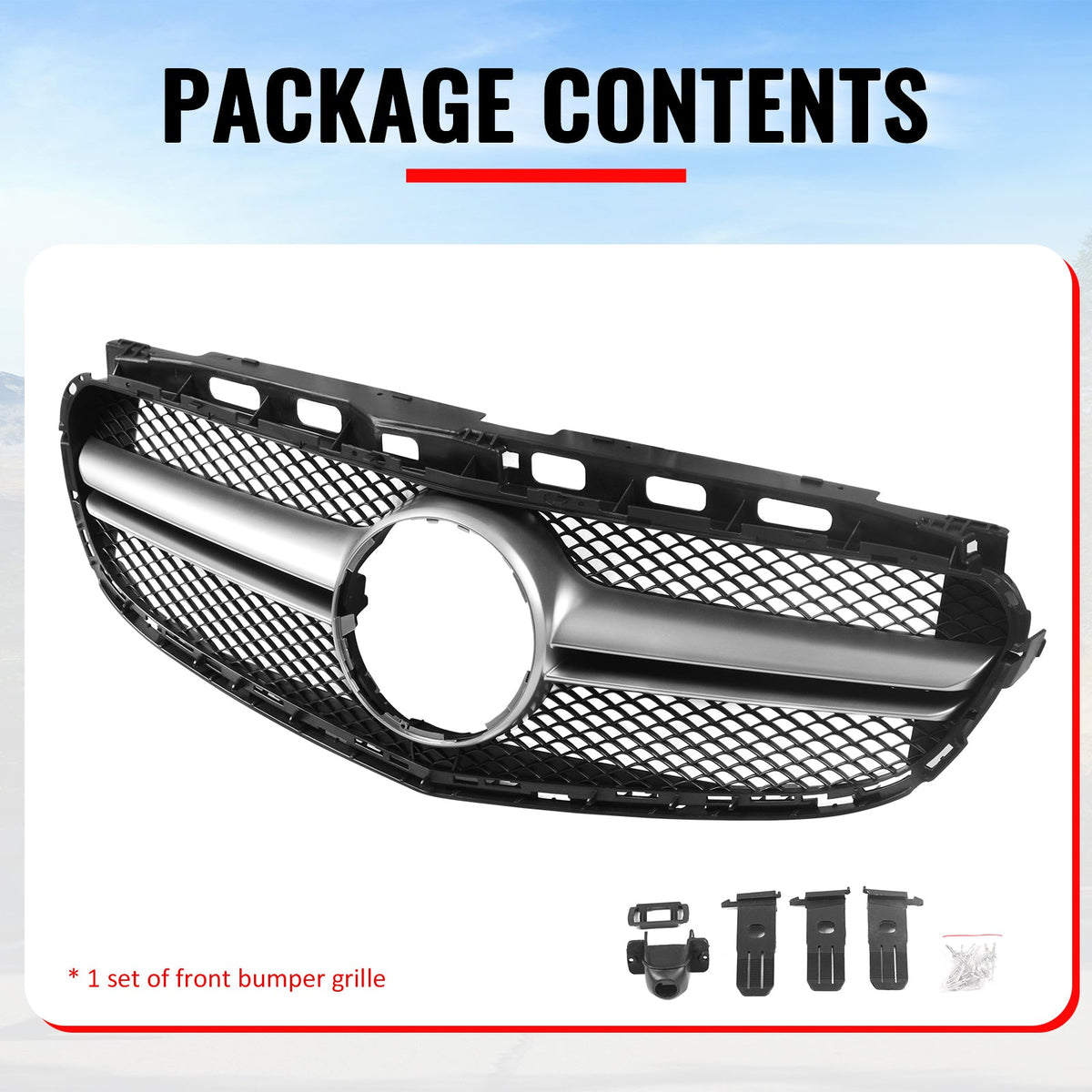 2014-2016 Mercedes-Benz E-Class W212 Sedan & S212 Wagon Front Bumper Hood Upper Mesh Grille Replacement W/Silver Bar E63 Style ABS
