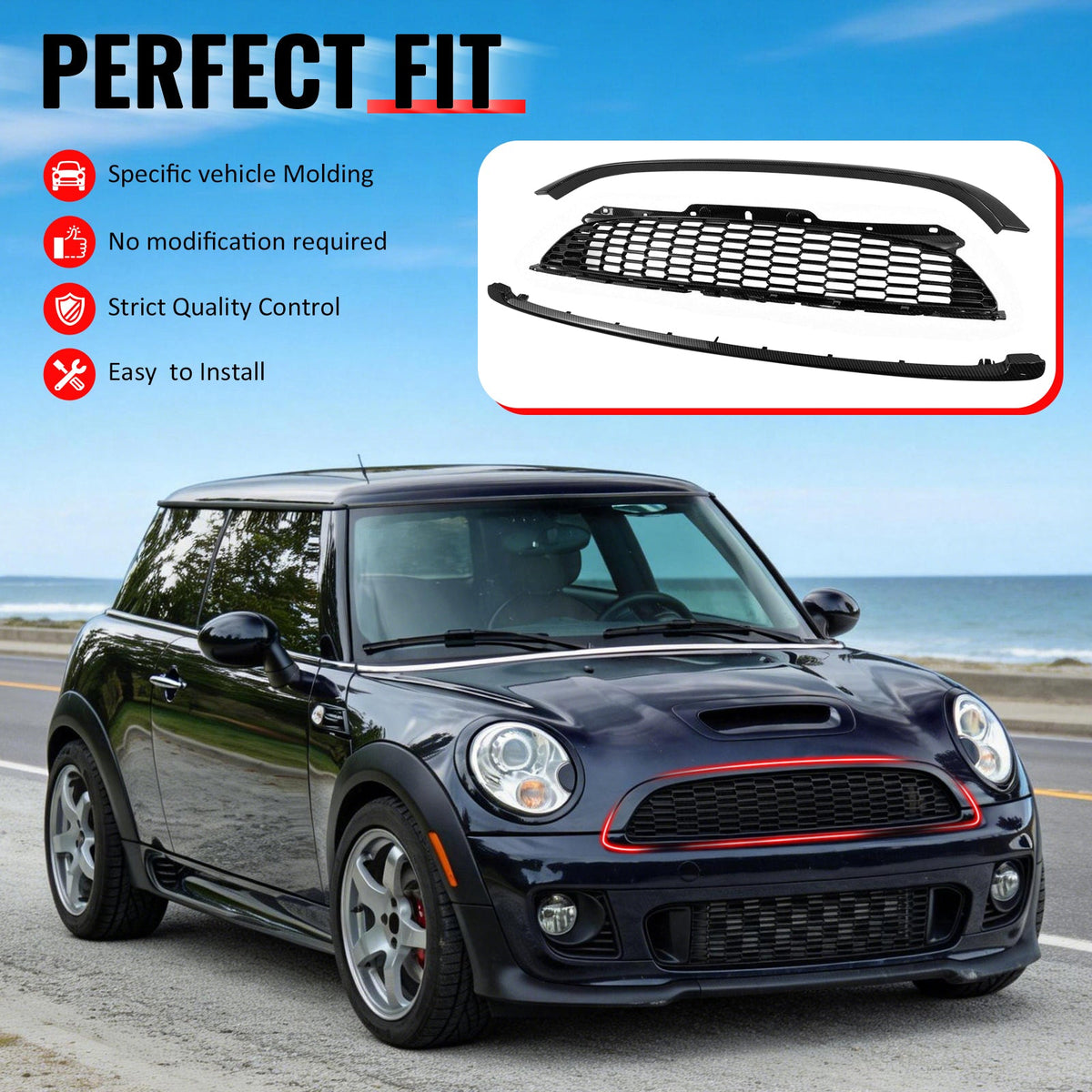 2008-2015 Mini Cooper S& JCW R55 R56 R57 R58 R59 JCW Style Front Bumper Upper Grille w/ Frame Carbon Fiber Print ABS