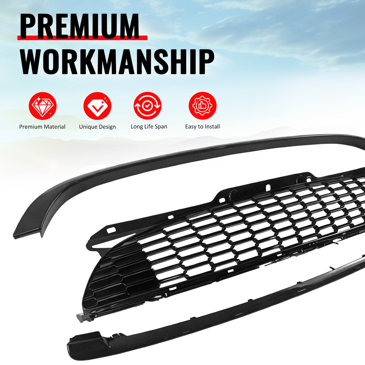 2008-2015 Mini Cooper S& JCW R55 R56 R57 R58 R59 JCW Style Front Bumper Upper Grille w/ Frame Gloss Black ABS
