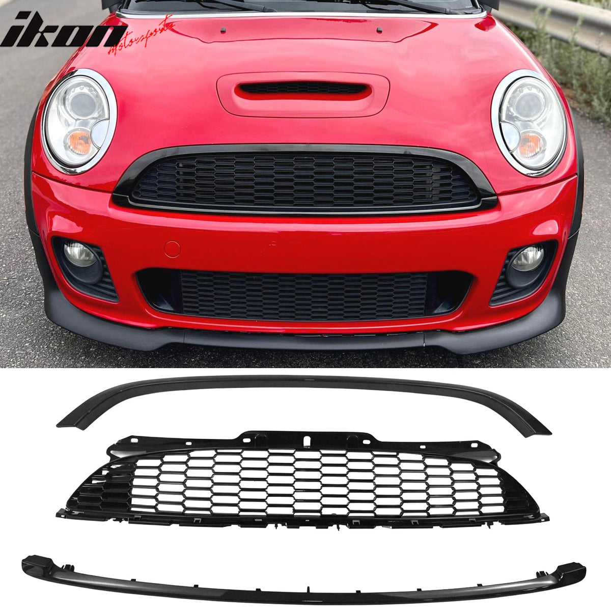 2008-2015 Mini Cooper S& JCW R55 R56 R57 R58 R59 JCW Style Front Bumper Upper Grille w/ Frame Gloss Black ABS