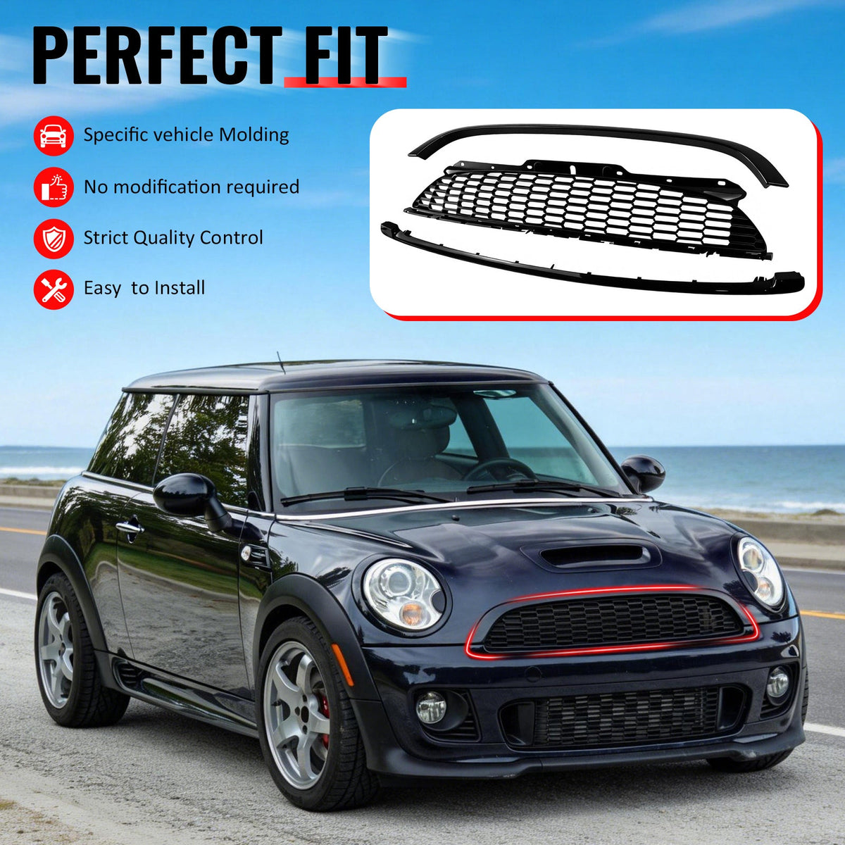 2008-2015 Mini Cooper S& JCW R55 R56 R57 R58 R59 JCW Style Front Upper Grille Matte Black Grille Gloss Black Frame ABS