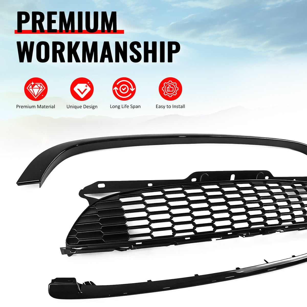 2008-2015 Mini Cooper S& JCW R55 R56 R57 R58 R59 JCW Style Front Upper Grille Matte Black Grille Gloss Black Frame ABS