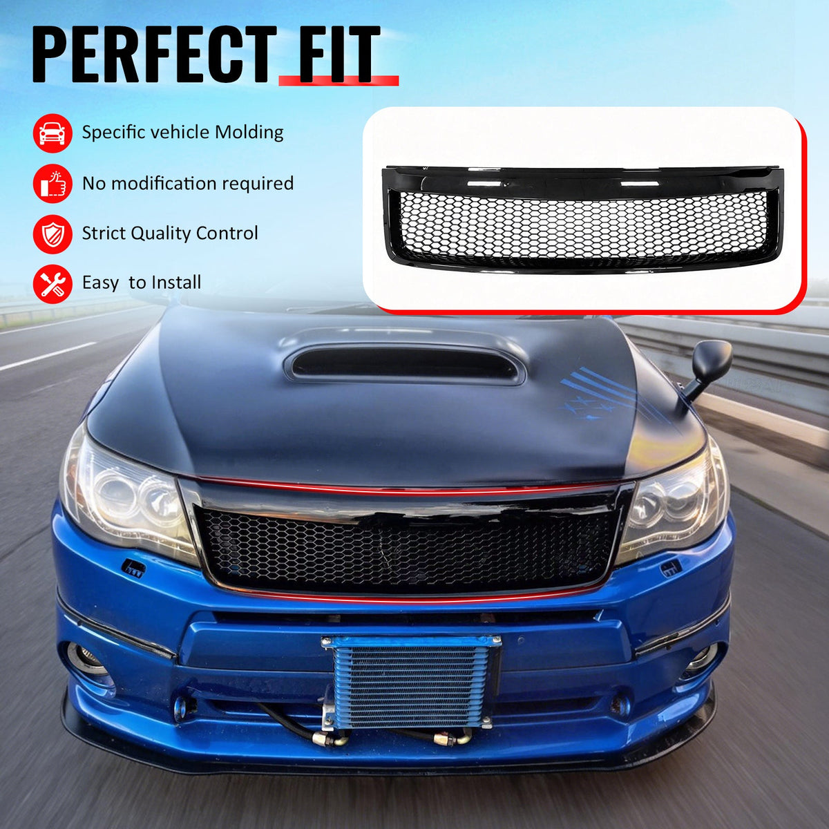 2009-2013 Subaru Forester Honeycomb Style Front Bumper Upper Grille Replacement Gloss Black ABS