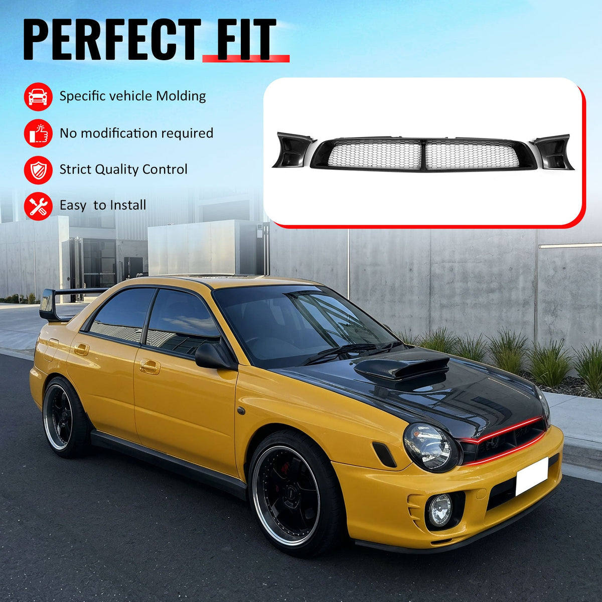 2002-2003 Subaru Impreza Front Upper Grille WRX STI Mesh Style Black Replacement Front Bumper Hood Grill