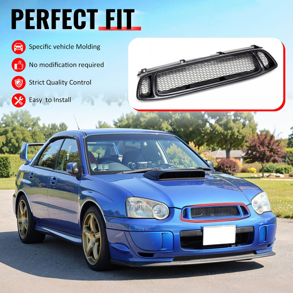 2004-2005 Subaru Impreza Front Upper Grille WRX STI Mesh Style Black Replacement Front Bumper Hood Grill