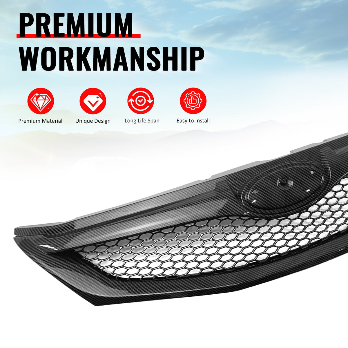 2008-2010 Subaru Impreza WRX & WRX STI Hatchback Honeycomb Style Front Bumper Upper Grille Carbon Fiber Print ABS