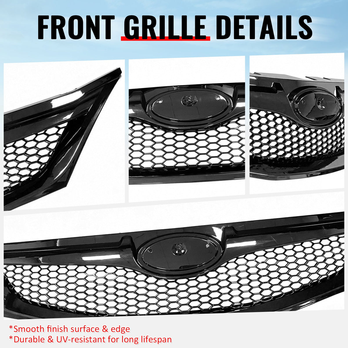 2008-2010 Subaru Impreza WRX & WRX STI Hatchback Honeycomb Style Front Bumper Upper Grille Replacement Gloss Black ABS