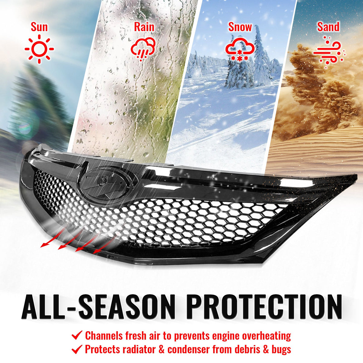 2008-2010 Subaru Impreza WRX & WRX STI Hatchback Honeycomb Style Front Bumper Upper Grille Replacement Gloss Black ABS