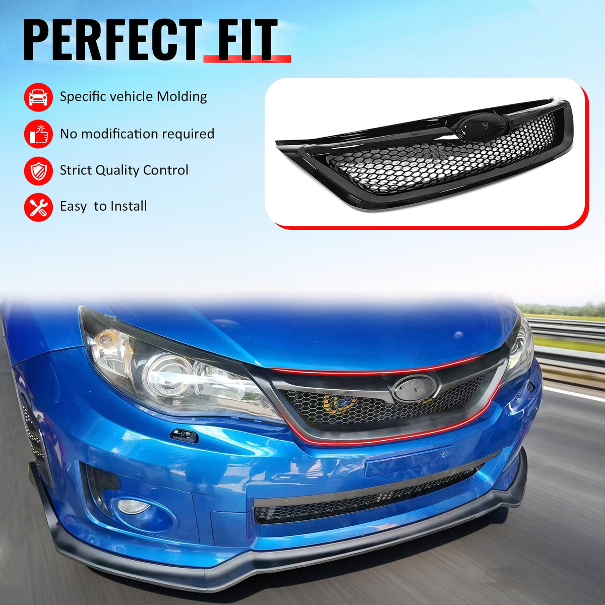 2011-2014 Subaru Impreza WRX & WRX STI Honeycomb Style Front Bumper Upper Grille Replacement Gloss Black ABS