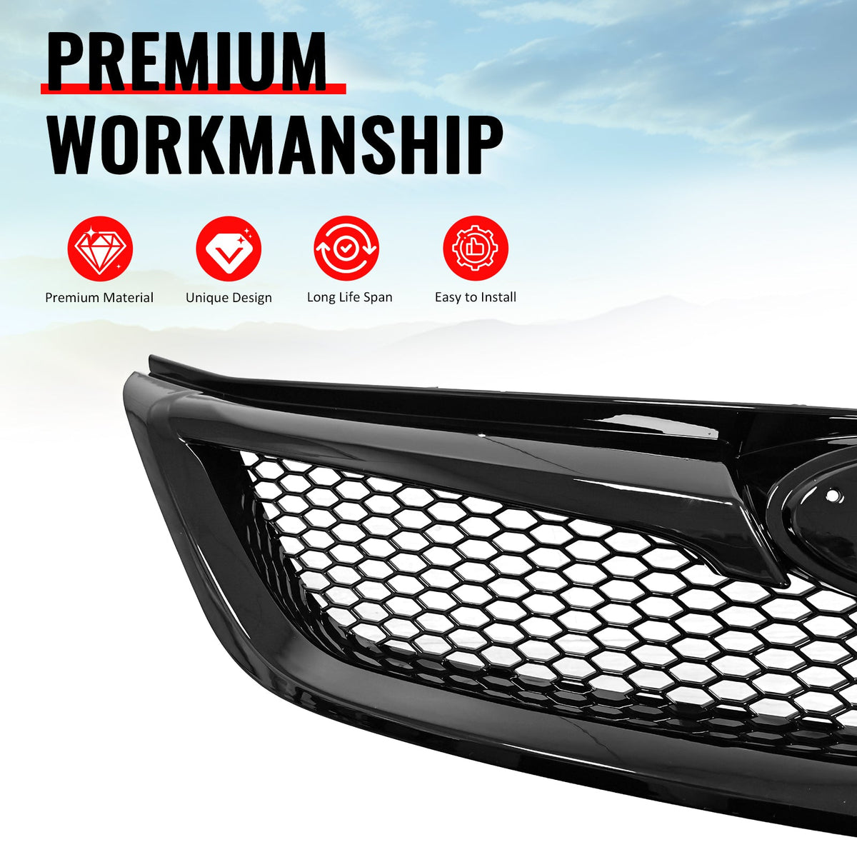 2011-2014 Subaru Impreza WRX & WRX STI Honeycomb Style Front Bumper Upper Grille Replacement Gloss Black ABS
