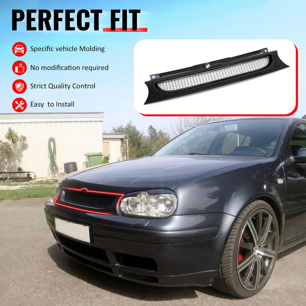 1999-2006 Volkswagen Golf/GTI/R32 MK4 Front Upper Grille Mesh Style Black Replacement Front Bumper Hood Grill