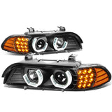 96-03 BMW 5 Series 3D Crystal Halo Projector LED Headlights Black